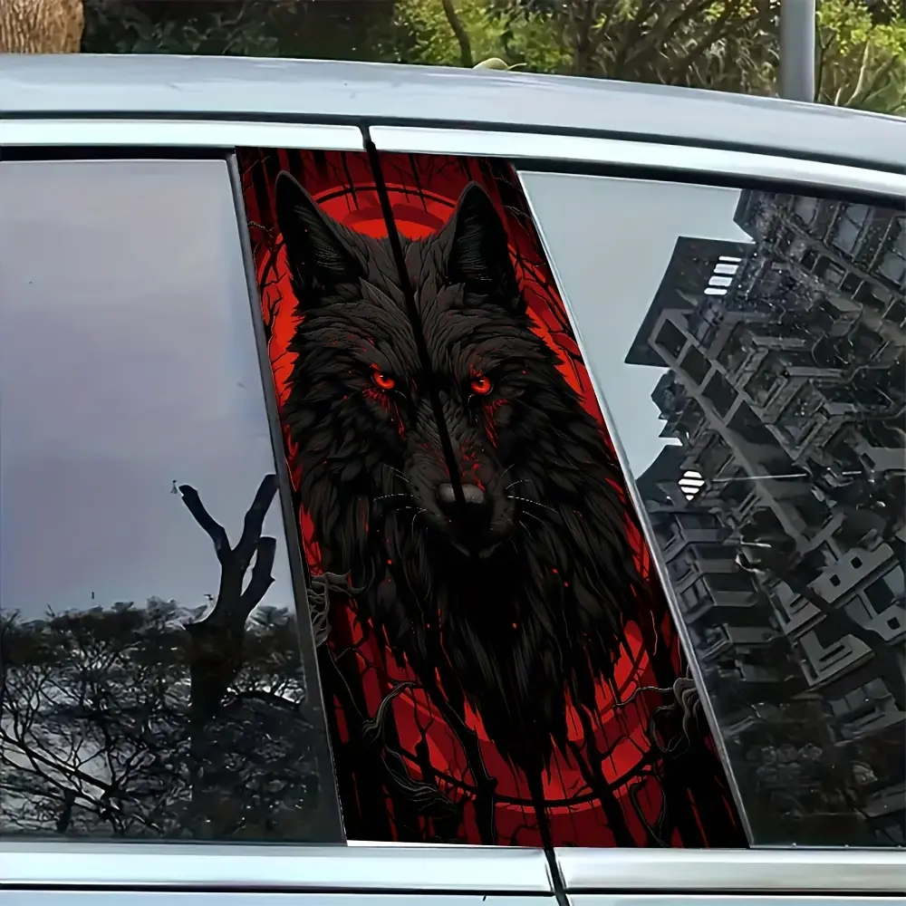 2pcs Black and Red Cool Wolf Head B-Pillar Decals, 3D Effect Car Stickers - Stylish Waterproof Design for Sedans, SUVs, MPVs