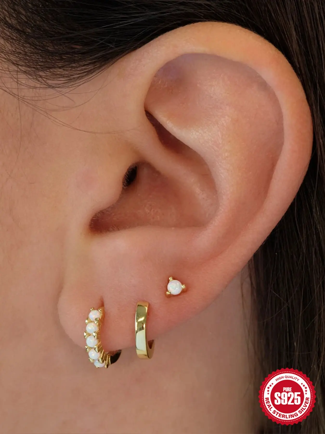 3Pcs 925 Sterling Silver Classic Opal Hoop Earring Set Hypoallergenic Cartilage Helix Tragus Lobe Piercing Jewelry Suitable For Women For Daily, Dates, Vacation, Wedding, Party, Holiday Gift High Quality Earrings