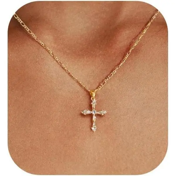 Cross Necklace for Women,Double Cross Necklace 14K Gold Plated Cross Pendant Necklace Dainty Gold Cross Necklaces for Women Trendy Small Cross Charm Necklace Simple Cute Choker Necklaces Gold Jewery