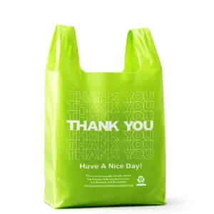 100 Pack “Thank You” T-Shirt Bags – Green Plastic Shopping Bags with Handles, for Retail, Grocery, Supermarket, Takeout