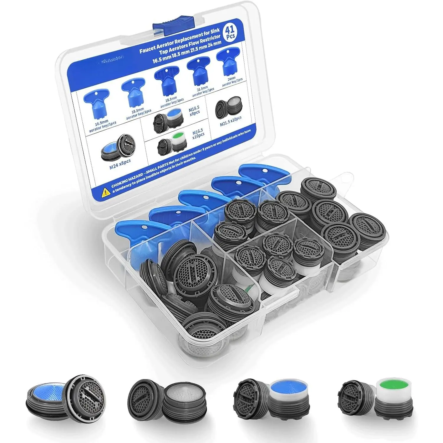 36 count Faucet Aerator Kit with 5 Sizes Aerator Key ,  Sink Tap Flow Restrictor Inserts for Bathroom and Kitchen, M16.5 M18.5 M21.5 M24 mm