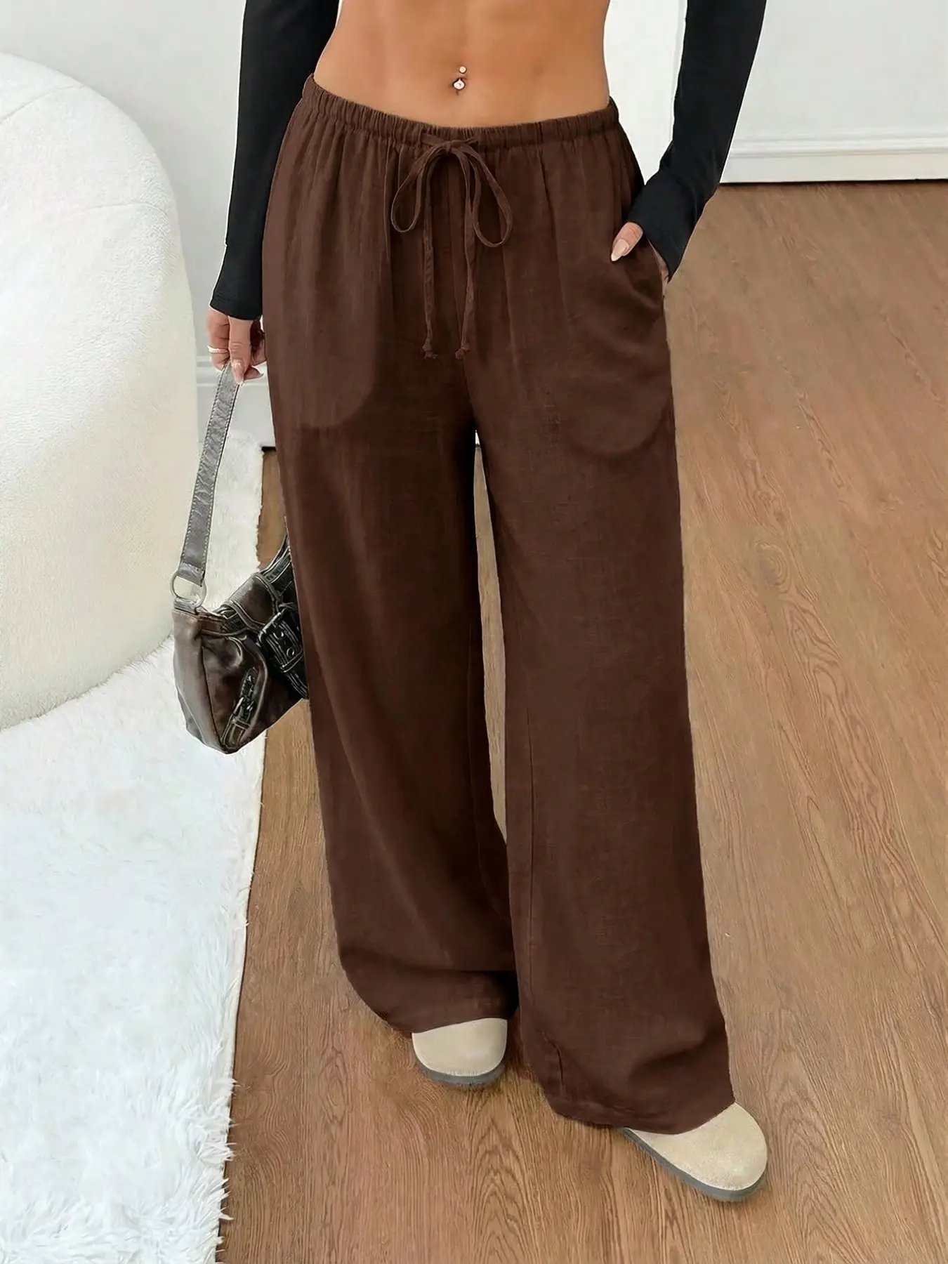 Women's Linen Texture Drawstring Waist Wide Leg Pants, Loose Fit Casual Long Pants with Pockets, High Waist Linen Textured Wide Leg Pants