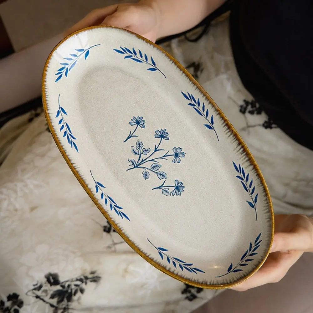 1 Piece 12 Inch Oval Fish Plate, Vintage Kiln-Changed Ceramic Dish, Decorative Plates, Ceramic Plates, Home Use Steamed Fish Plate, Sushi Plate, Serving Platter