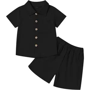 Toddler Baby Boy Summer Clothes Cotton Linen Short Sleeve Solid Button Down Shirt Shorts Set Outfits with Pockets(Gift)