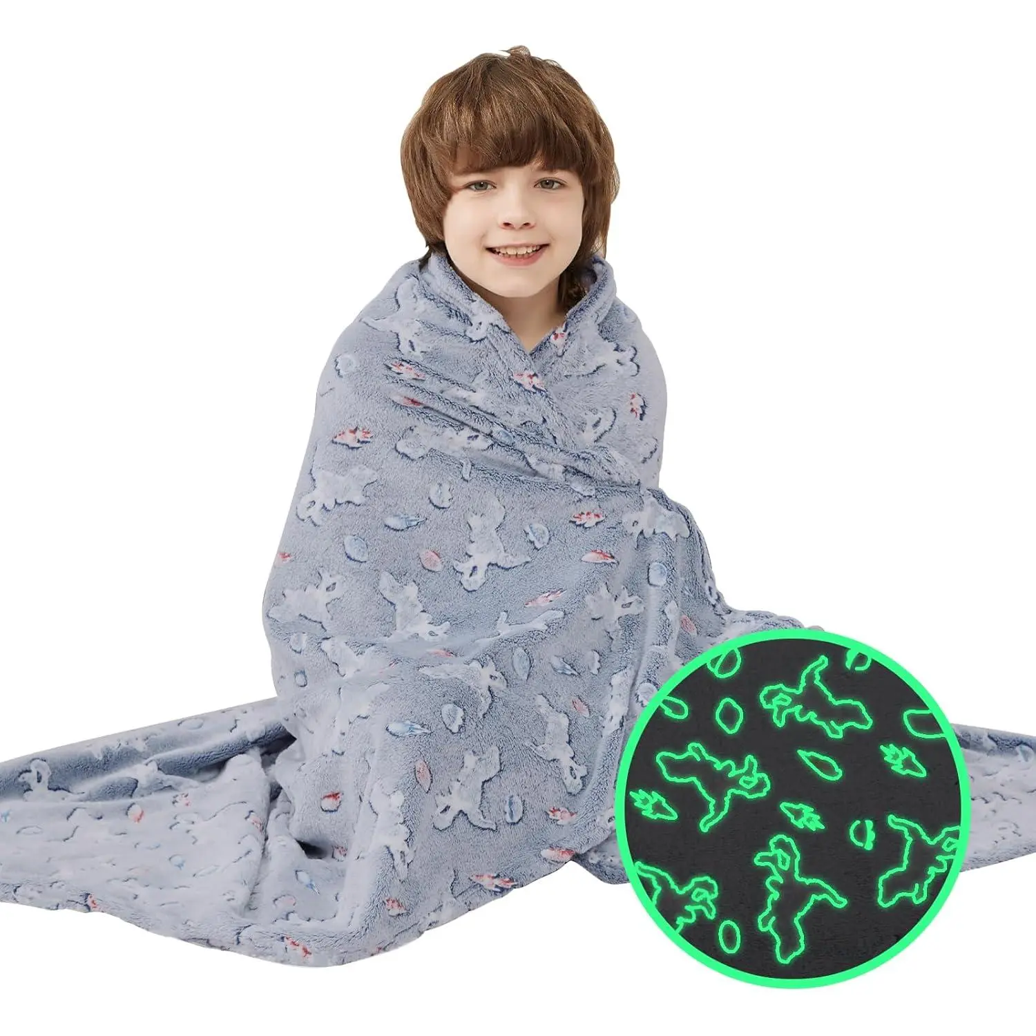 Kids Glow-in-The-Dark Plush Fleece Throw Blanket - Cute Cartoon Dinosaur Animals Design, Wrinkle Resistant, Soft Warm Lightweight for Boys Toddlers, Home/Outdoor Sofa Bed Gift, 50"x60"
