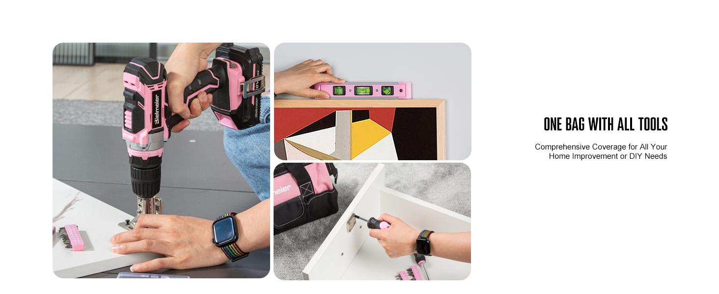 Bielmeier 20V 236Pcs Cordless Pink Drill Set - Essential Women's Pink Tool Set, Lady's Basic Home Tool Kit with Pink Tool Bag - All in One Pink Tool Kit Ideal for DIY, Home Improvement