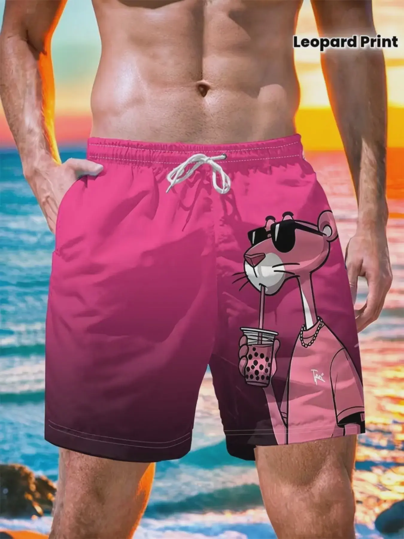 Men's Panther Print Beach Shorts, Drawstring Swim Trunks, Summer Fashion Trendy Short Pants, Outdoor Swimwear Essential, Holiday Style