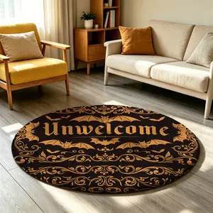 Round Unwelcome Bat Skull Doormat, Vintage Gothic Baroque Scroll Halloween Front Door Mat, Non Slip Spooky Funny Entrance Rug for Indoor Outdoor Porch Home Decor