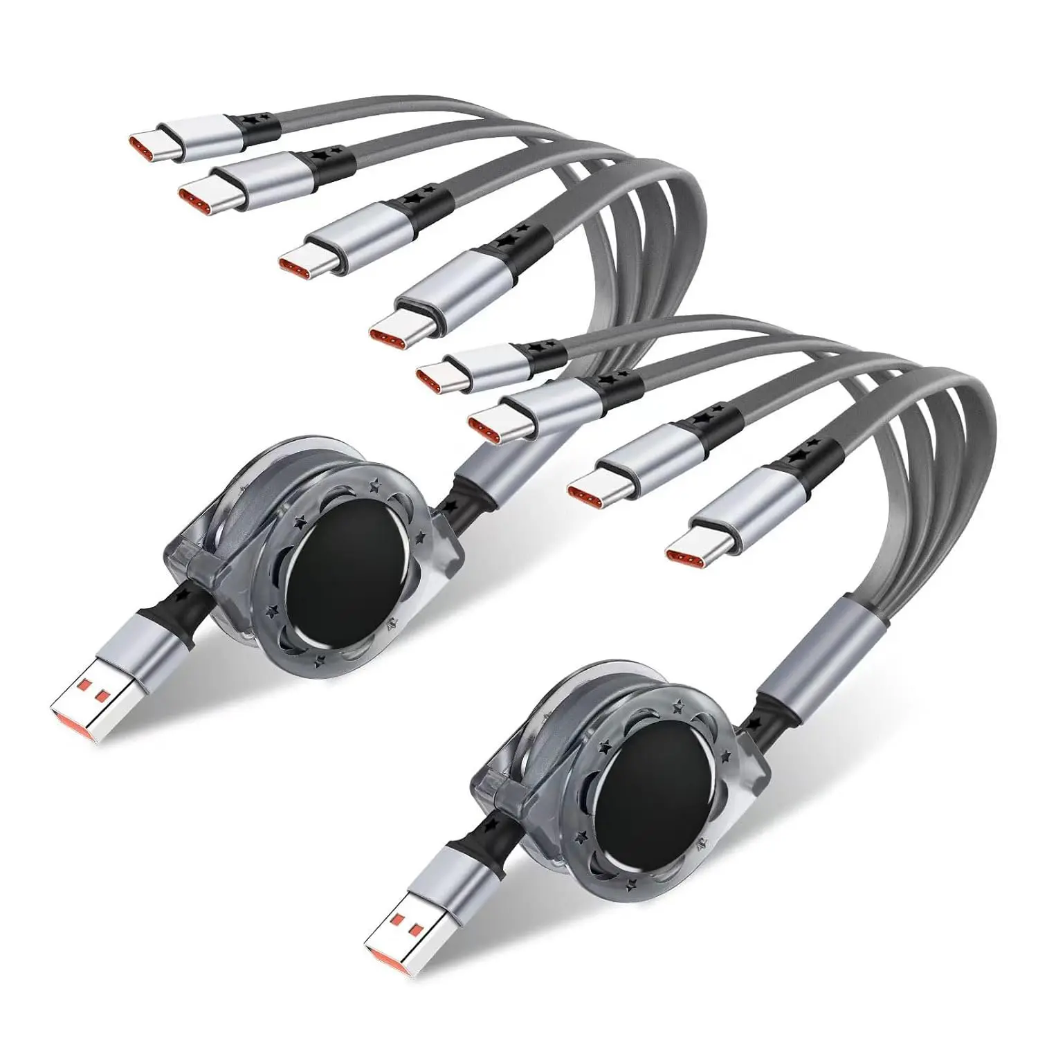 Multi Charger  Retractable USB Multiple  Cord with 2*iOS/Type C/ Port Adapter 4 in 1   Compatible Cell Phones Tablets  Use(2 Pack-3.3FT) (Grey)