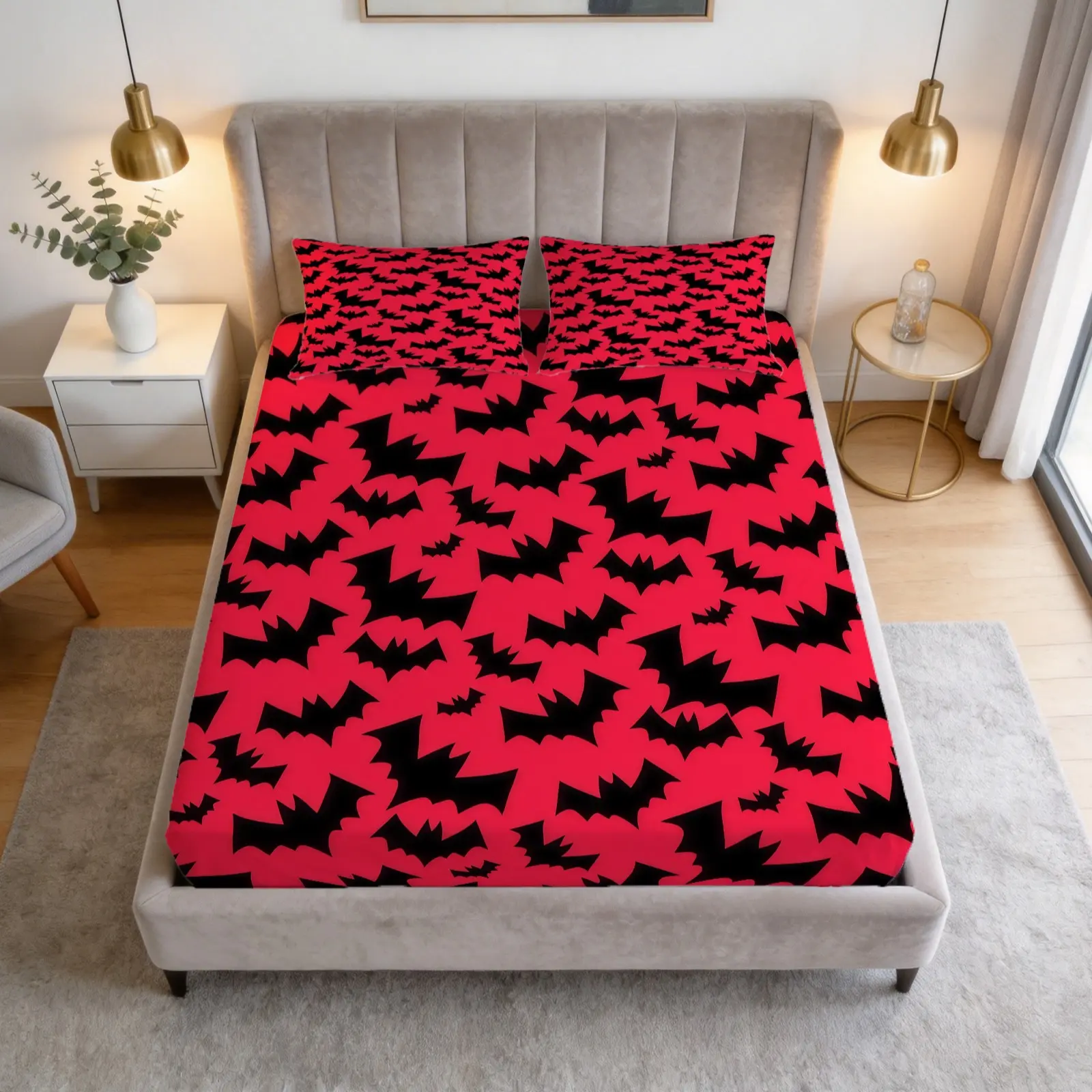 3-Piece Bat Pattern Fitted Sheet Set, Bedding Set, Including 1 Sheet And 2 Pillowcases (Pillow Inserts Not Included), Suitable For Teenagers And Adults, Bedroom, Apartment, Guest Room, Dormitory Scene