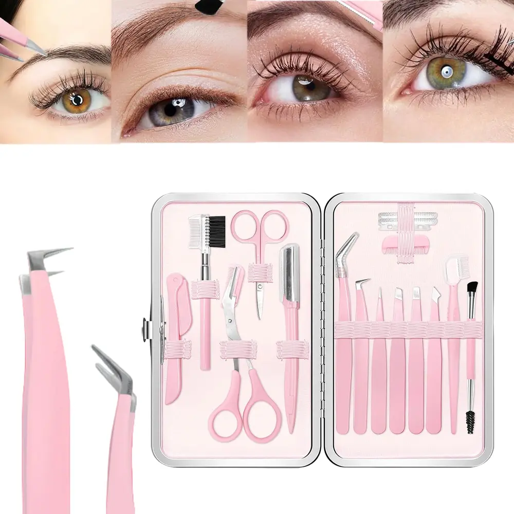 17‑in‑1 Eyebrow Grooming Kit, Professional Stainless Steel Tweezers Set for Women, Facial Hair Trimming Tools with Eyebrow Scissors, Brow Trimmer, Brow Brushes & PU Leather Travel Storage Bag