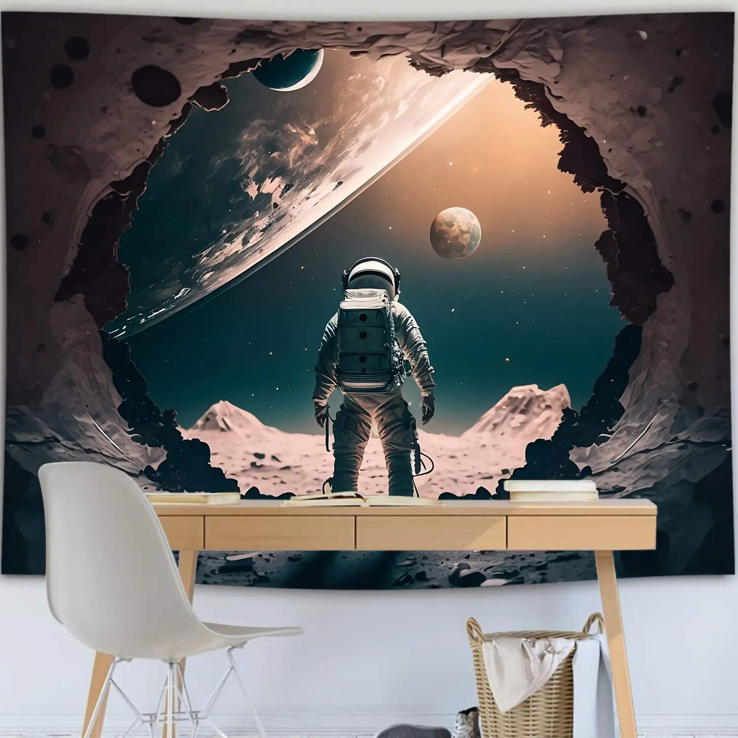 Astronaut Tapestry Space Tapestry Funny Fantasy Space Art Tapestry, Astronaut Stands Front Hole With Planet Earth Visible, Galaxy Planet Wall Art Wall Hanging For Dorm, Bedroom Hippie And Party Décor