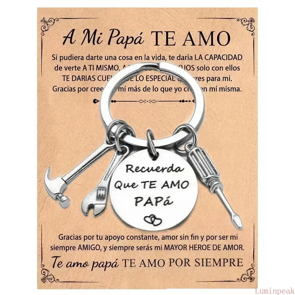 Stainless Steel Tool Keychain for Dad, Engraved with "Recuerda Que Te Amo Papa" Quote, Durable Car Accessory with Hammer, Wrench & Screwdriver Charms, Keychain Included