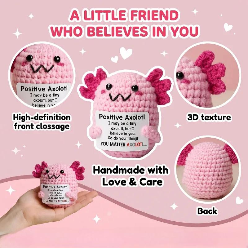 Handmade Crochet Axolotl Plush, Cute Knit Salamander Stuffed Animal, Soft Emotional Support Companion, Anxiety Relief Toy, Portable Bag Charm & Desk Decor, Unique Gifts for Women Men Teacher Birthday Home Decor