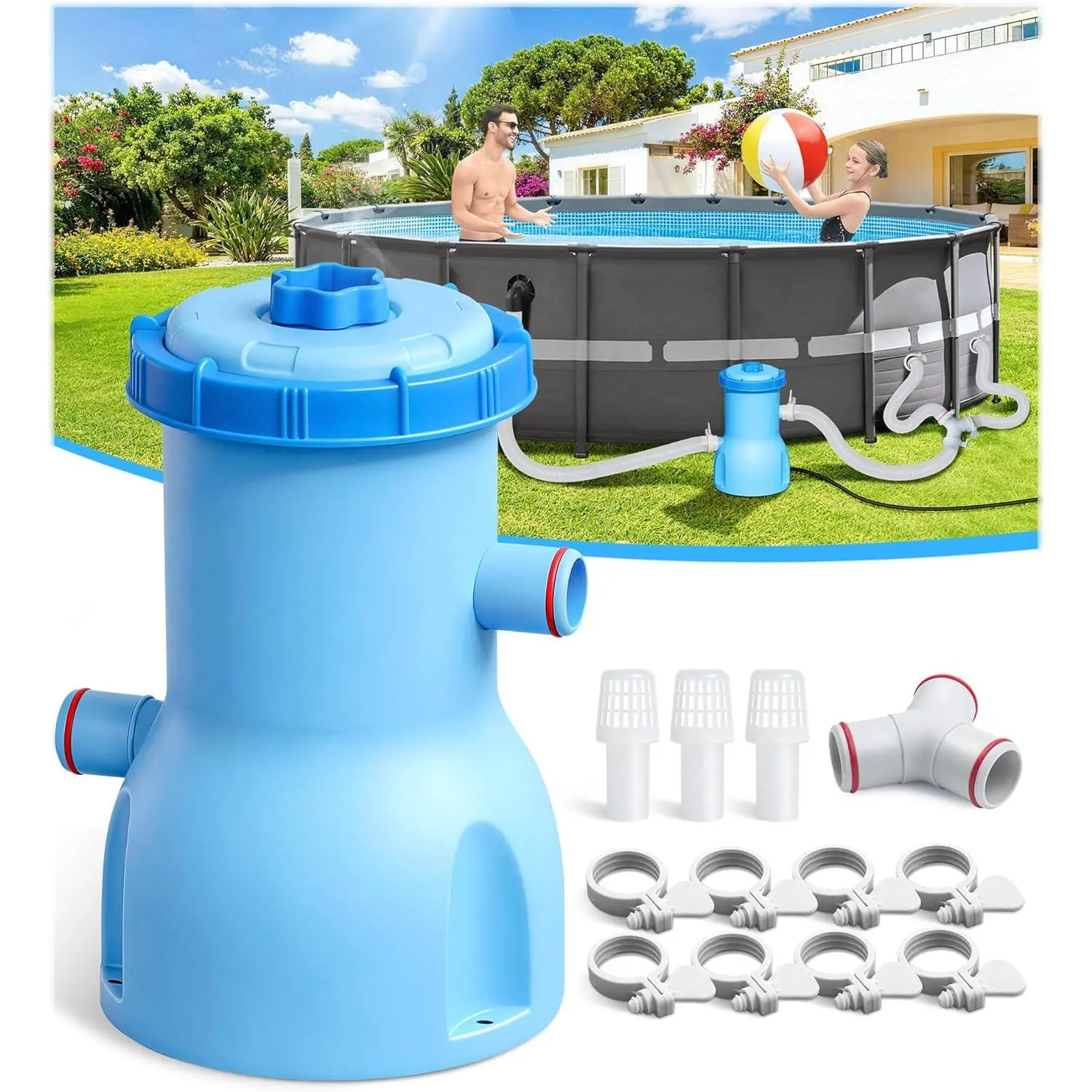 Standard Series Above Ground Pool Filter Pump - 800 GPH Flow Rate| Rapid Circulation & Micro-Debris Filtration, Pool Cartridge Filter Pump System - Keep Water Crystal Clean & Clear-Deep Blue