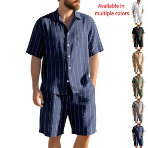 Men's Summer Casual Linen Set – Striped Jacquard Loose Short-Sleeve Shirt & Beach Shorts (2-Piece Set) – Suitable for Cross-Border Retail & Business-Casual Wear