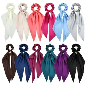 12 Pieces Solid Silky Satin Chiffon Hair Ties with Long Ribbon Bow Tail Hair Scrunchies Ponytail Holders Rubber Bands Accessories for Women Girls Teens