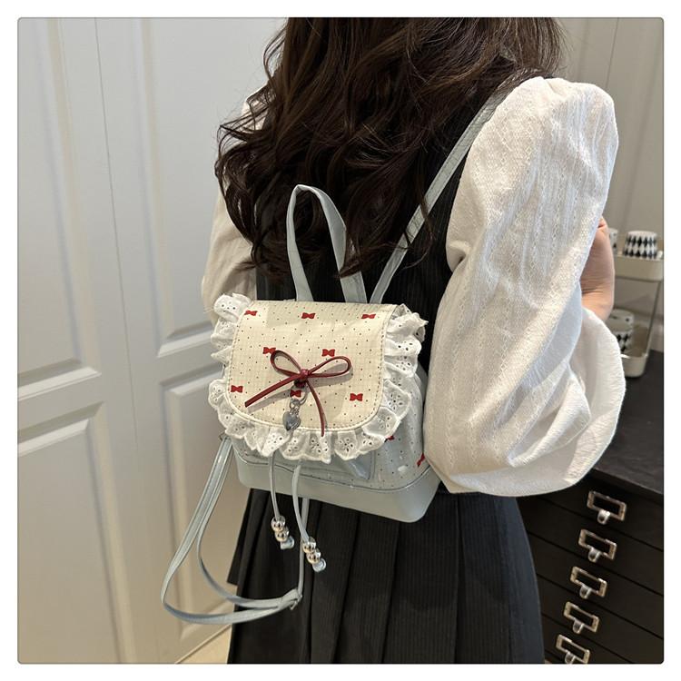 Polka Dot Lace Bow Mini Backpack for Women, Cute Coquette Y2K Bucket Bag, Lightweight Small Backpack with Adjustable Straps, Aesthetic School Travel Daily Outfit Bag for Girls & Teens