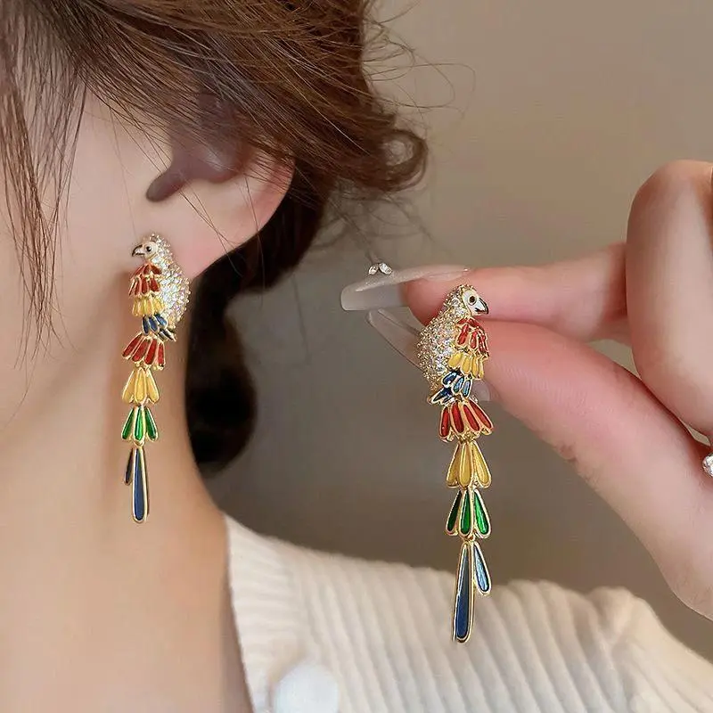 Unique Exaggerate Parrot Earrings Luxury Shiny Rhinestones Small Birds Earrings Fashion Party Earrings Jewelry Custom Packaging