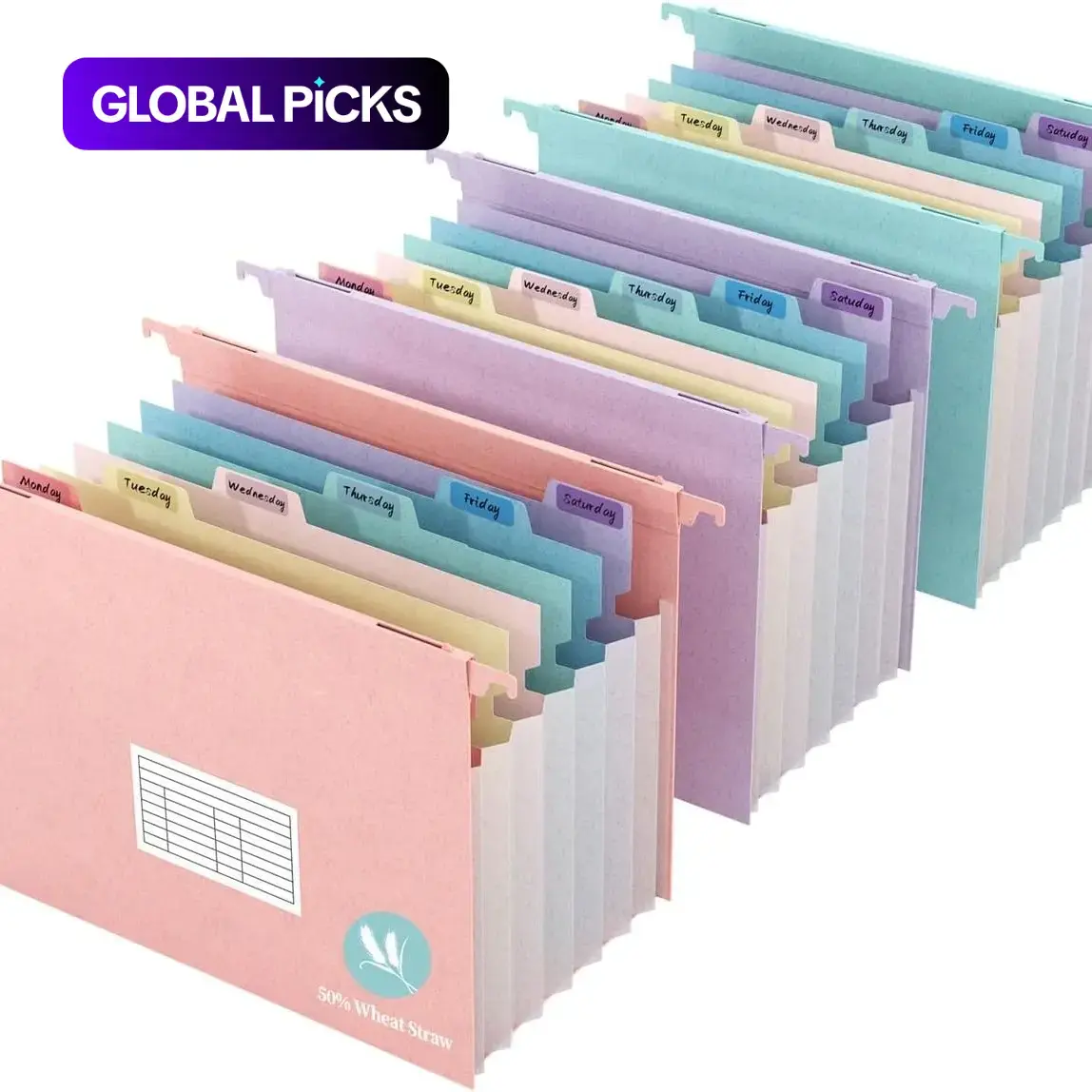 Expandable Hanging File Folder for File Cabinet, Hanging File Folders with Tabs, filing folders, Document Organizer, 7 Pockets, 1.2 Inch Multi-Color Labels, Letter Size, 50% Straw, 3 Pack (pastel Colors)
