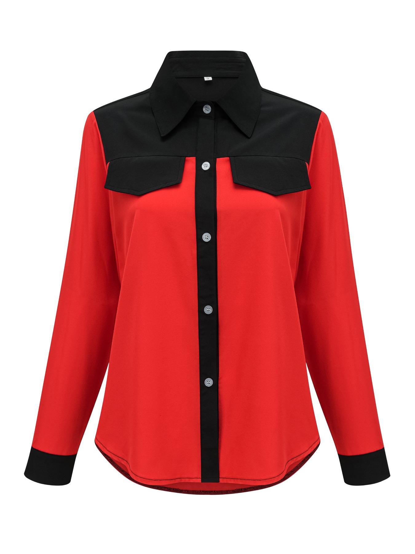 Women's Colorblock Flap Detail Button Front Shirt Blouse, Elegant Long Sleeve Collared Top for Spring & Fall, Fall Tops, Ladies Clothes for Work Office Business