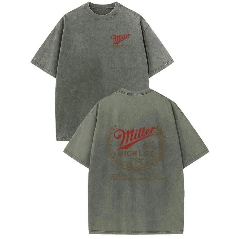 Holafish Acid Wash  Miller High Life Champagne Beer Front And Back Graphic Print, Boutique 230g Washed Distressed Batik Thickened Cotton , Men's Fashion Casual Cotton , Short Sleeve Crew Neck  unisex funny cat t-shirt worm women