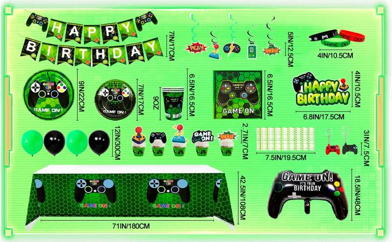Video Game Birthday Party Decorations for Boys,132pcs Birthday Decorations&Tableware Set-Plates Cups Napkins Tablecloth Balloons