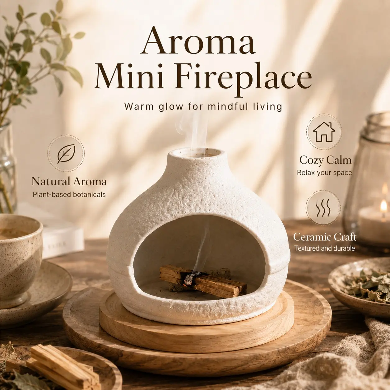 Mini Fireplace Incense Burner for Palo Santo & Sage | Handmade Ceramic Chiminea, Cozy Aroma Home Decor，Gift for Friends
