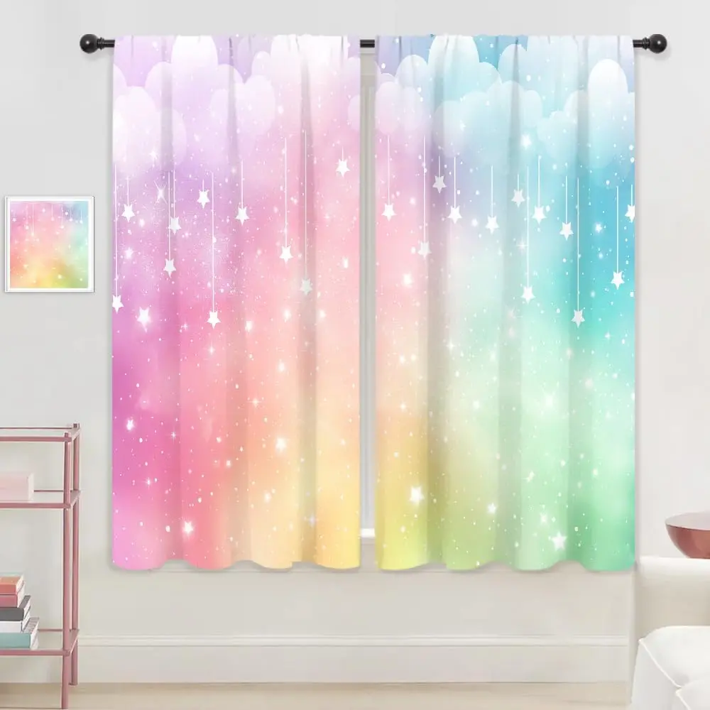 Colorful Rainbow  Girls Cute Clouds Living Room Bedroom Window Curtains | 42"W x 63"L Girly Pastel; colorfast print, 2 panels, rod pocket, easy to install,easy-care and washable.