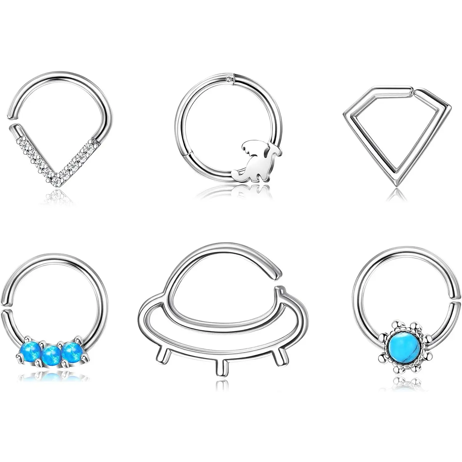 6 Pcs 16G Nose Ring Hoop Set for Women Turquoise Stone Opal Septum Rings 316L Stainless Steel Unique Cute Nose Rings