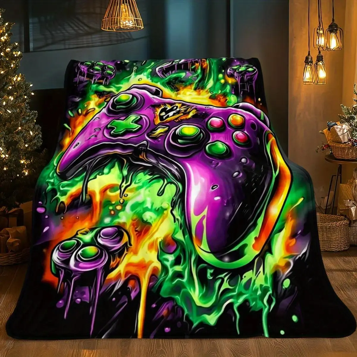 Neon Glow In The Dark Game Controller Flannel Gaming Blanket, Ultra soft lightweight cooling blankets, bedding, bed accessories, Couch Bed Travel Throw Birthday Graduation Holiday Gift For Video Game Lovers Green Purple Black