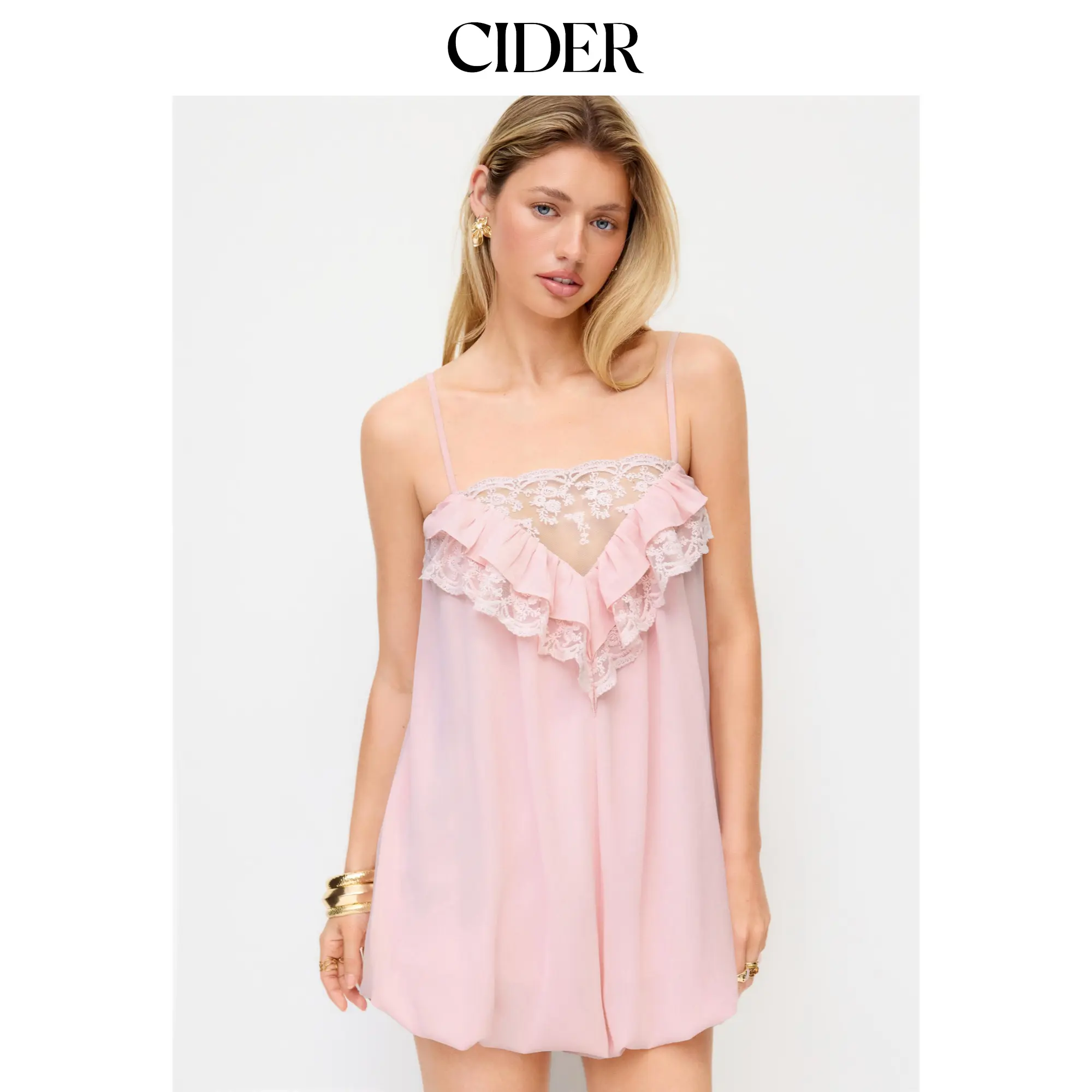 Cider Square Neck Lace Panel Ruffled Mid Rise Bubble Hem Romper