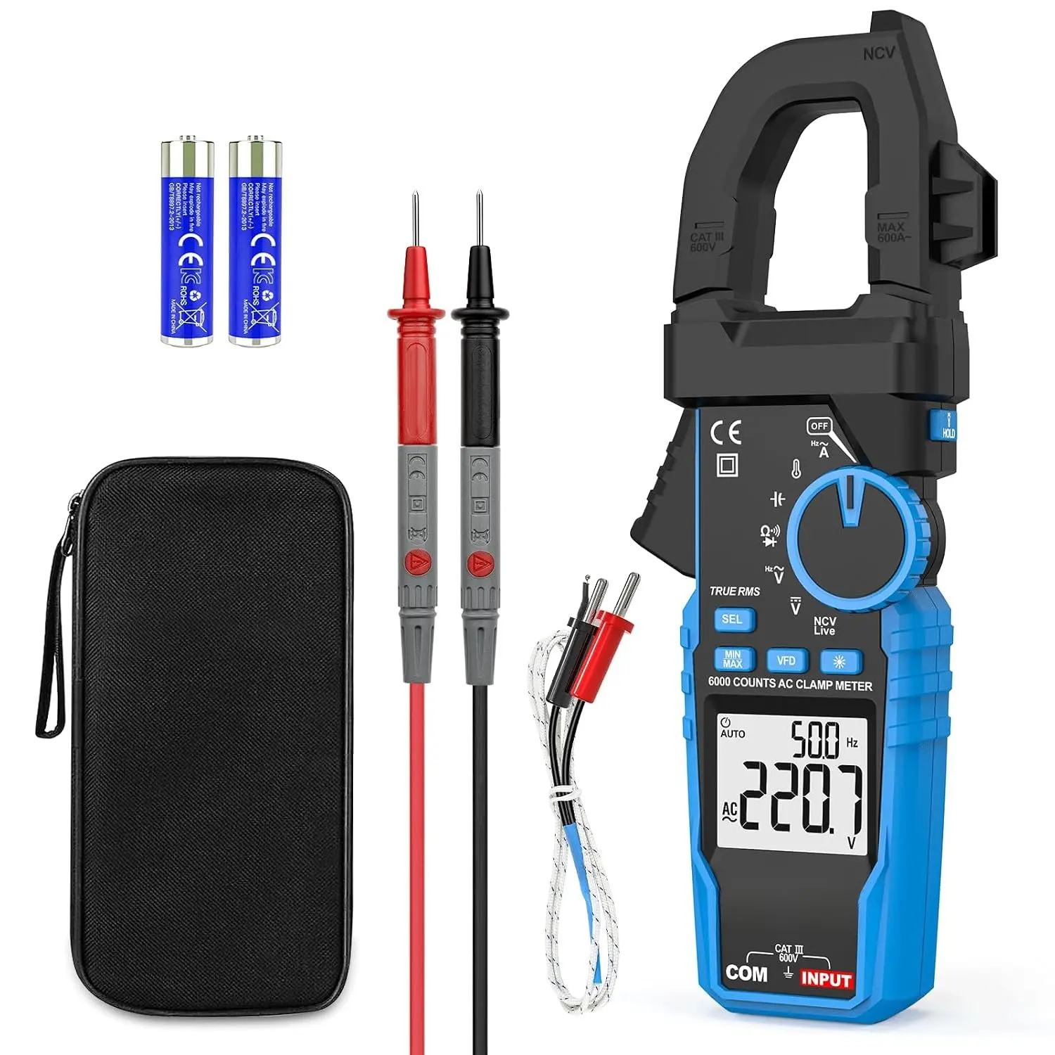 Digital Clamp Meter Multimeter -  Auto-ranging 6000 Counts Amp  Tester with D-Shaped Jaw VFD Mode, Measuring NCV,   AC Current Temperature Capacitance Resistance Continuity
