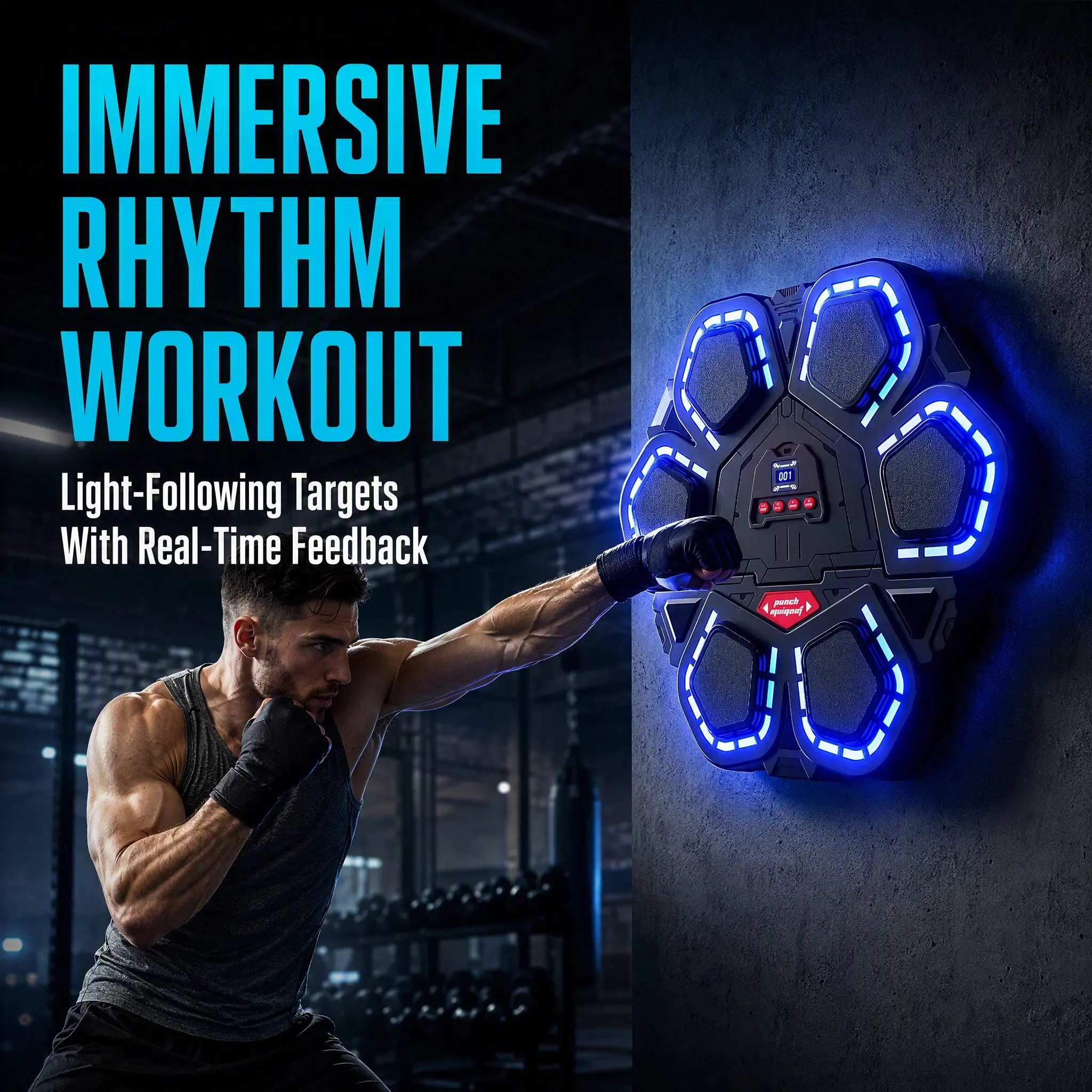 Wall Mount Smart Music Boxing Trainer for Adults & Kids, Boxing Gloves Included. LED Real-Time Hit Data Display, Bluetooth Music Sync, Suitable for Home, Office & Gym. Great Gift for Christmas, Halloween & Black Friday Training Boxing Set