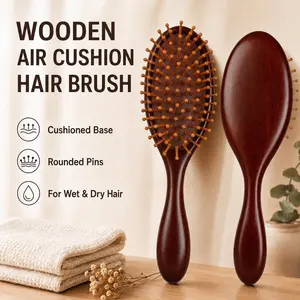 1/2 PCS Hair Brush, Wooden Air Cushion Hair Brush, Natural Sandalwood Oval Style Anti-Static Detangling Brush with Cushion Base and Rounded Pins, Gentle Scalp Massage for Wet and Dry Hair, All Hair Types, Women and Men