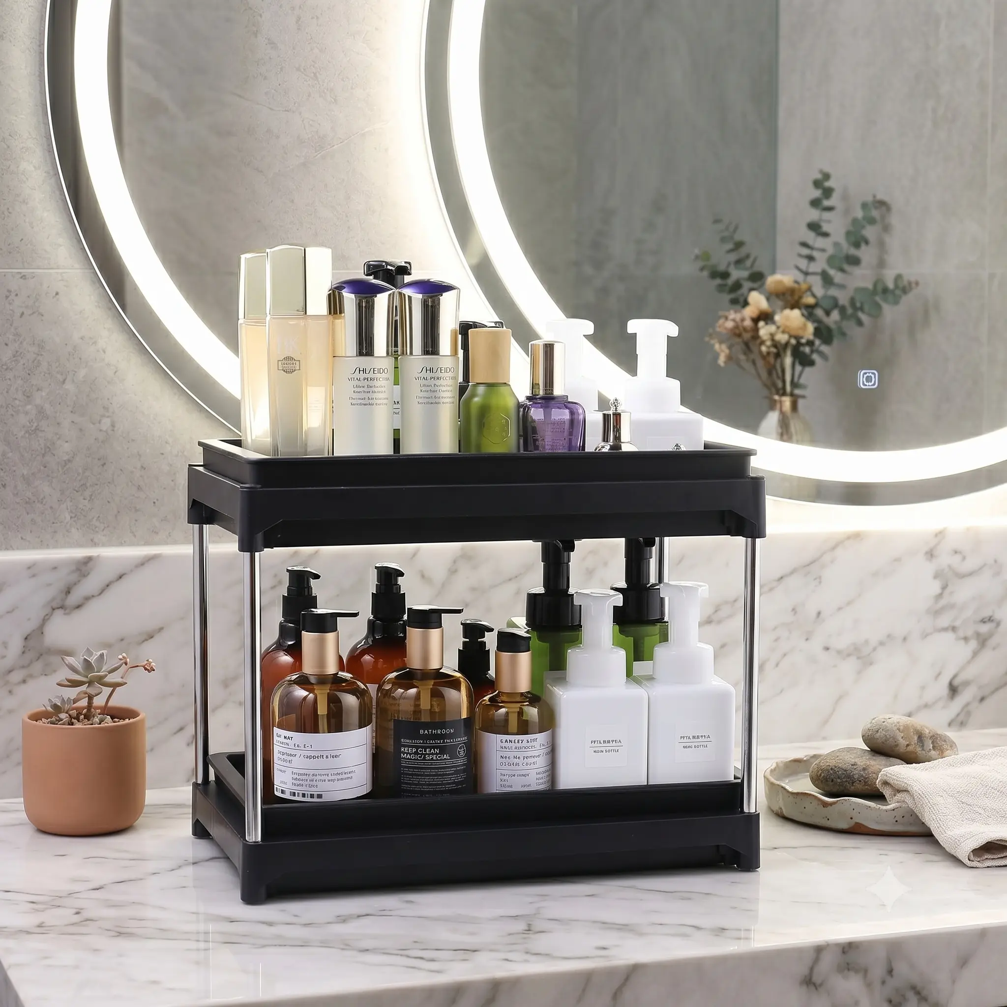 Summerwins Black Pull-Out Double Drawer Storage Organizer with 2 Hooks - No-Tools-Required Installation Office Shelf Hanging Under Sink Cabinet Organizer for Indoor Furniture Racks