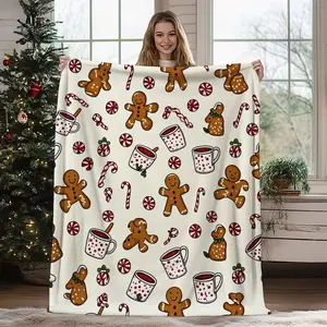 1Pc Cozy Gingerbread For Man & Hot Cocoa Throw Blanket - Soft Flannel Bedspread Suitable For Couch, Bed - Winter Warmth, Christmas Decor, Year-Round - Contemporary Bedspread