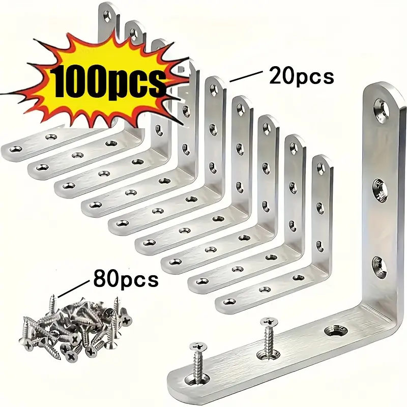 100Pcs L-Shaped Right Angle Brackets with Screws Set, 90 Degree Iron Furniture Corner Braces, Heavy Duty L Type Support Connectors for Chair Table Cabinet Furniture Reinforcement, 20 Brackets & 80 Screws Included