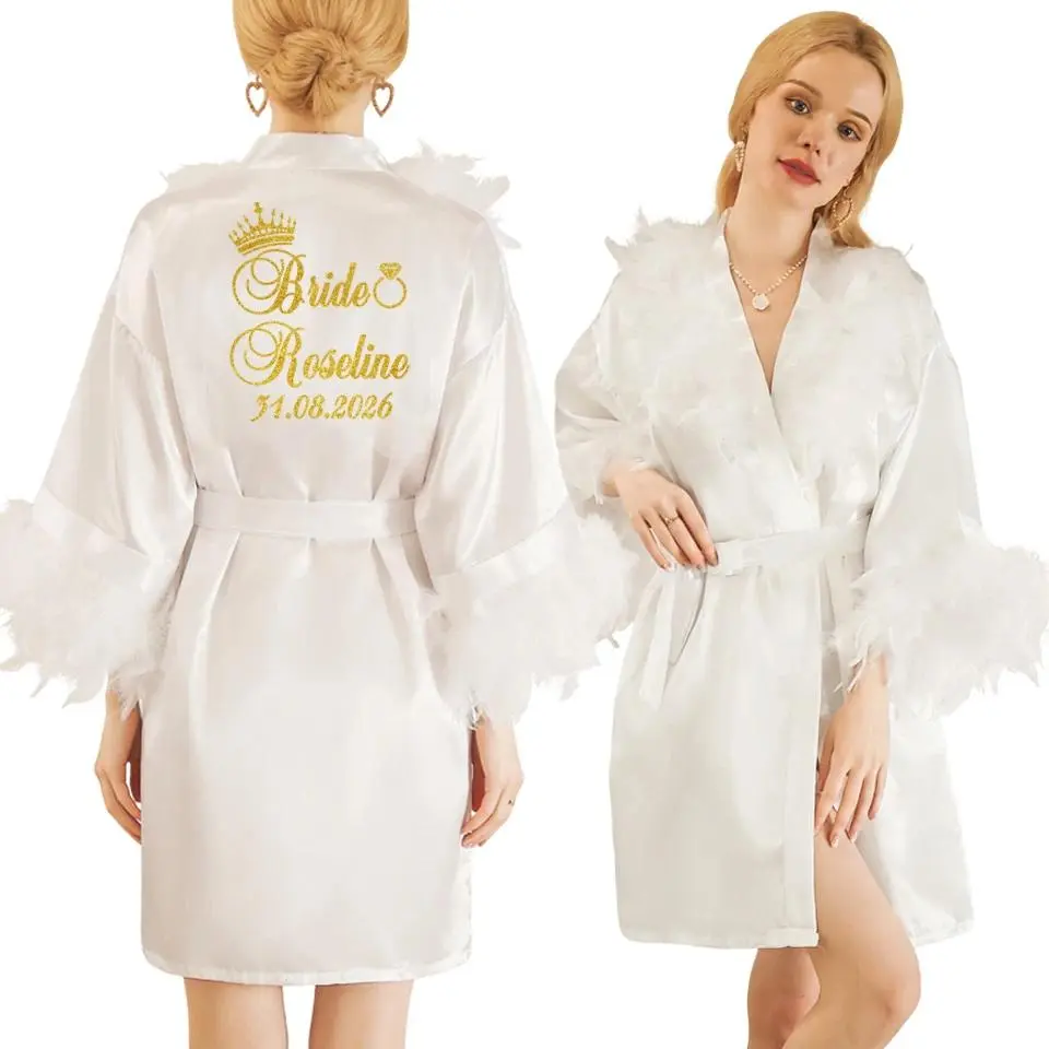 Elegant Feather Bride Robe Personalized Name and Date Robe Bride Bridesmaid Bathrobe Birthday Party Gown Add Any Text Robe