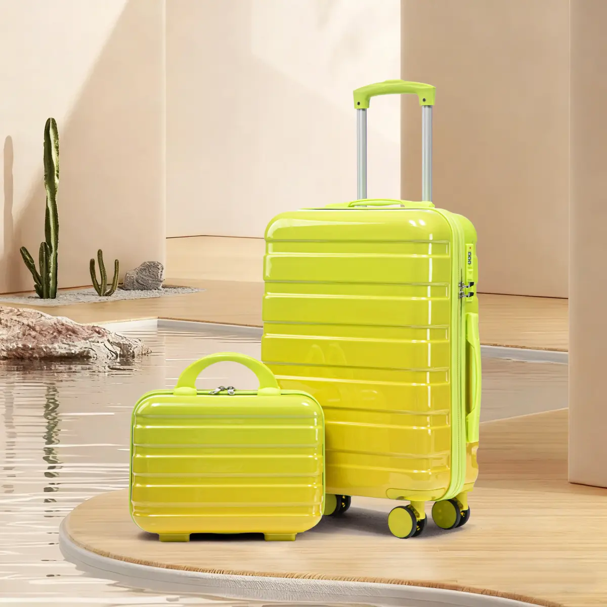 2-Piece PC Hardside Spinner Luggage Set, 20" Suitcase + 14" Cosmetic Case, 360° Wheels, Gradient Yellow & Green, Lightweight Carry-On for Weekend Travel, Combination Lock