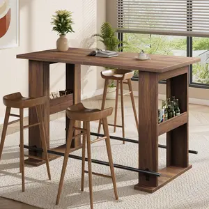 63 Inch Farmhouse Counter Height Bar Table with Storage, Wooden Home Pub Coffee Bar Unit with Sturdy Metal Footrest, Multi-Size Bar Counter for Kitchen Dining Bistro Living Room