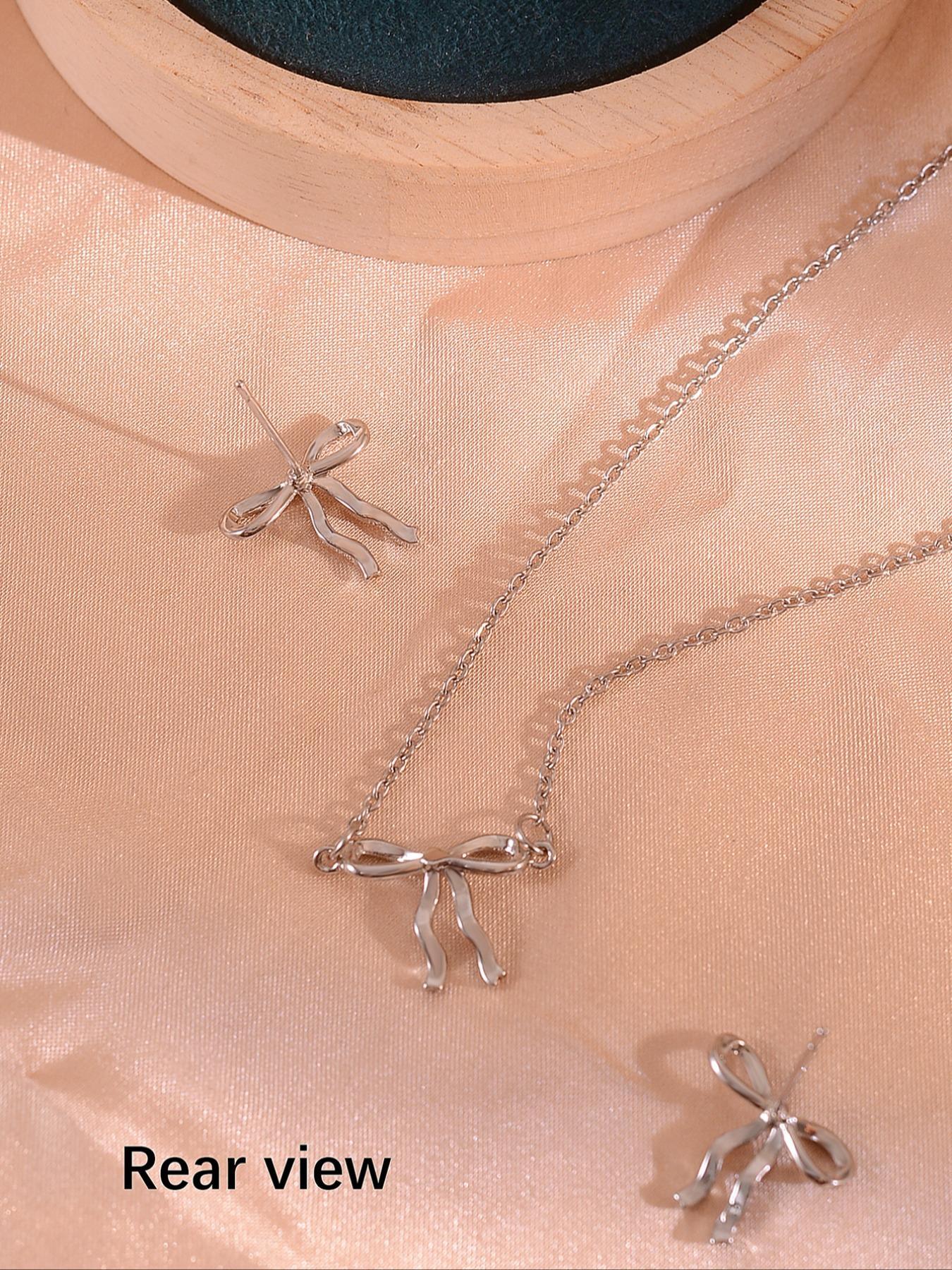 Women's Elegant Bowknot Design Jewelry Set, Exquisite Trendy Pendant Necklace & Earrings, Chic Jewelry Set for Party & Daily Clothing Decor