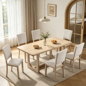 [Bellemave] 7-Piece Dining Table Set for 6, 68 Inch Rectangular Kitchen Table with 6 Upholstered Chairs, Natural Wood Dining Room Furniture Set with Sturdy U-Shaped Frame for Family, Apartment, Dining Room