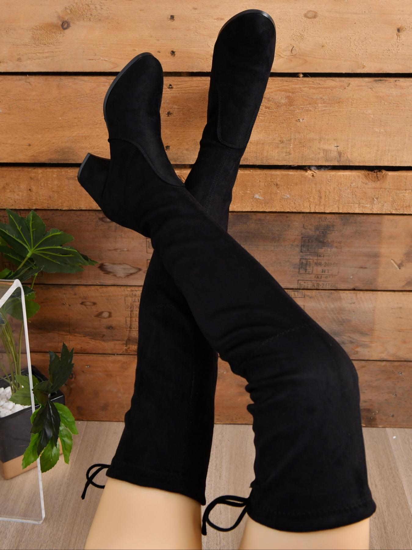 Elegant Solid Color Mid-Heel Over-the-Knee Boots, Fashionable Warm and Comfortable Boots for Fall & Winter, Trendy All-Match Thick-Heeled Boots for Daily Wear, Footwear