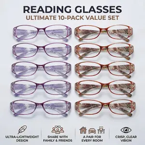 10-Pack Affordable Reading Glasses Set for Middle Aged and Elderly, Trendy Round and Square Frames, Blue Light Blocking Presbyopia Glasses
