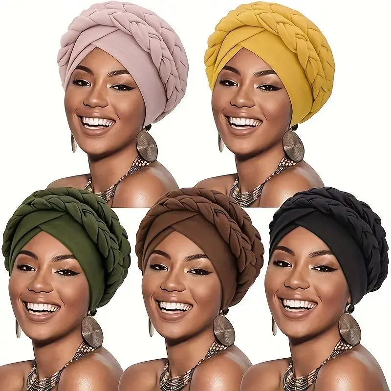 Women's 5PCS 21%-30% Wool Blend Tie-Free Fashion Headscarf Head Wrap - Double Twisted Braids, Afro Hair Peeking Design, for African Female Chemotherapy Patients, Cancer Support