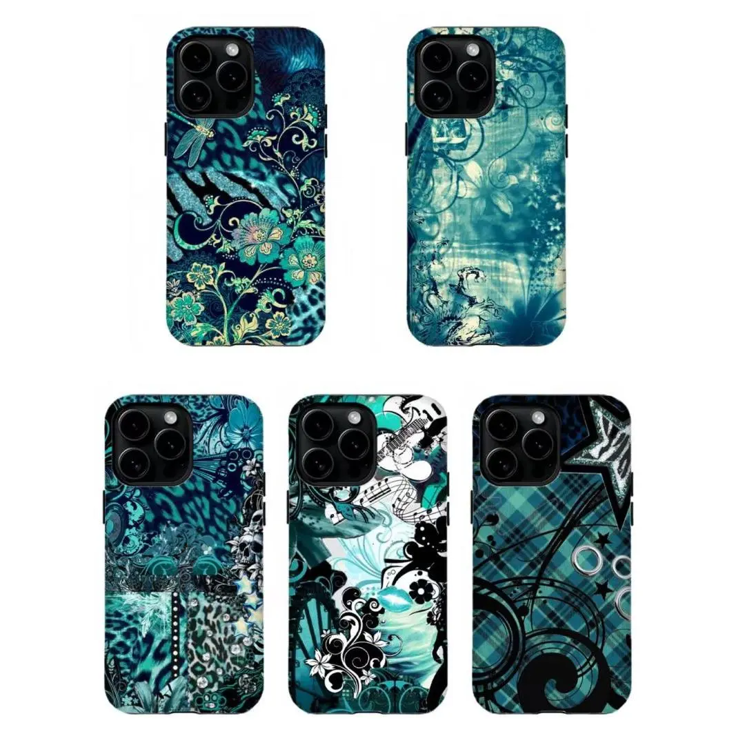 Teal Y2K Grunge Floral Leopard Print Shockproof Phone Case, Gothic Dragonfly Skull Music Note Plaid Anti-Drop Protective Cover,for iPhone 17/16/15/14/13/12/11 ProMax Plus for Samsung phones,an excellent gift for friend or fans.