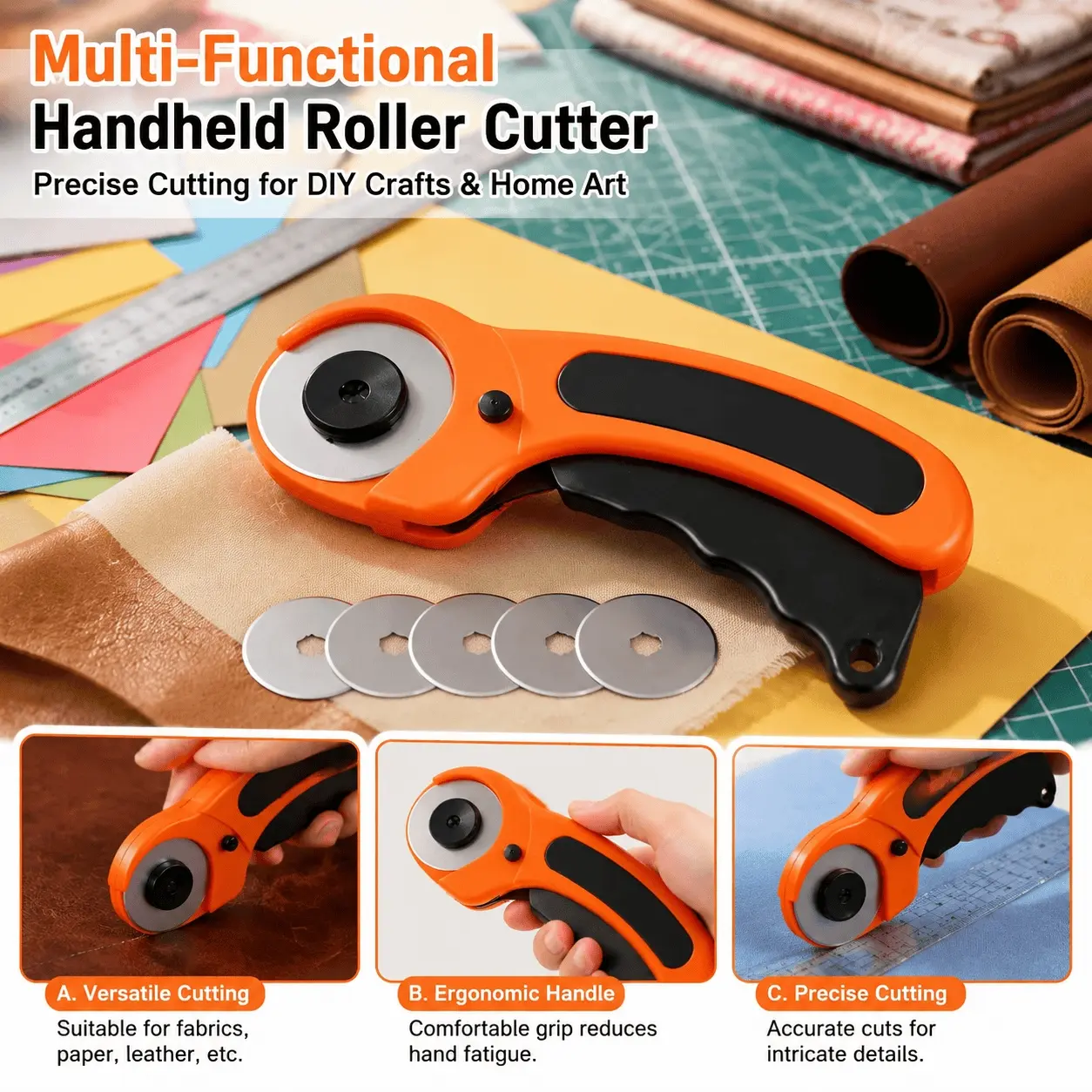 Tungsten Steel Rotary Cutter Set 6-in-1: Multi-Blade Fabric Scissors, Leather Scoring Tool, Wallpaper Trimmer with Magnetic Quick-Change Blades, Press Lock for Safe Clothing & Craft Cutting, Deburring, Crafting Sewing Tools