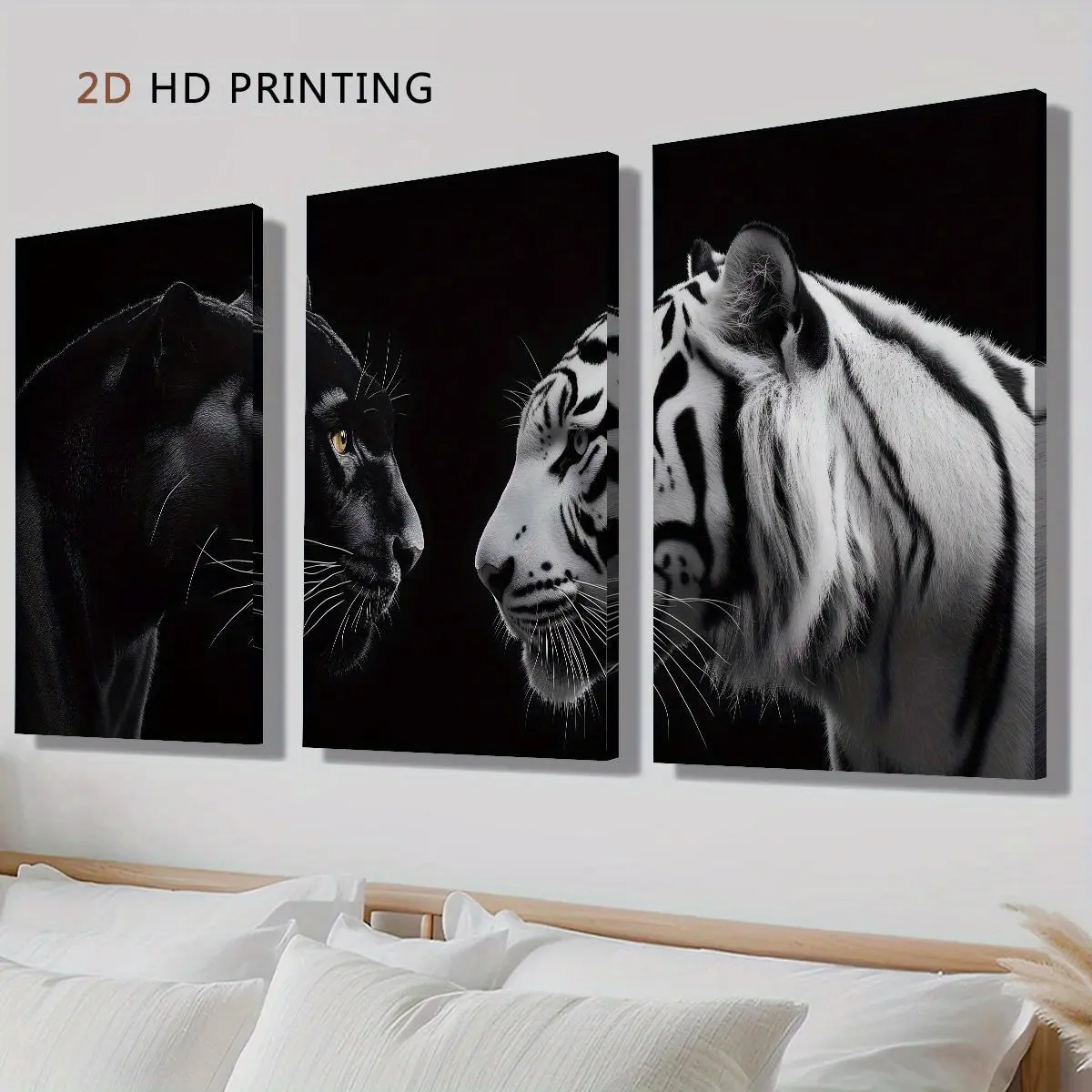 2D/Flat, 3-piece set of framed canvas posters - Black and white tiger wall art - Canvas wall art - Posters - Poster wall art - Room decoration - Bathroom wall art - Wall decoration - Living room decoration - Bedroom decoration - Home decoration - Personal