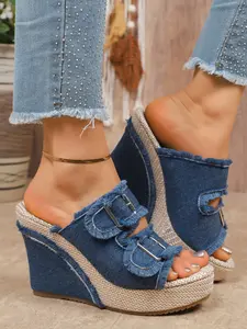 2026 Summer Denim Fringe Sandals for Women, Dual Buckle Wedge Thick Sole Straw High Heel Slippers, Large Size Outdoor Shoes
